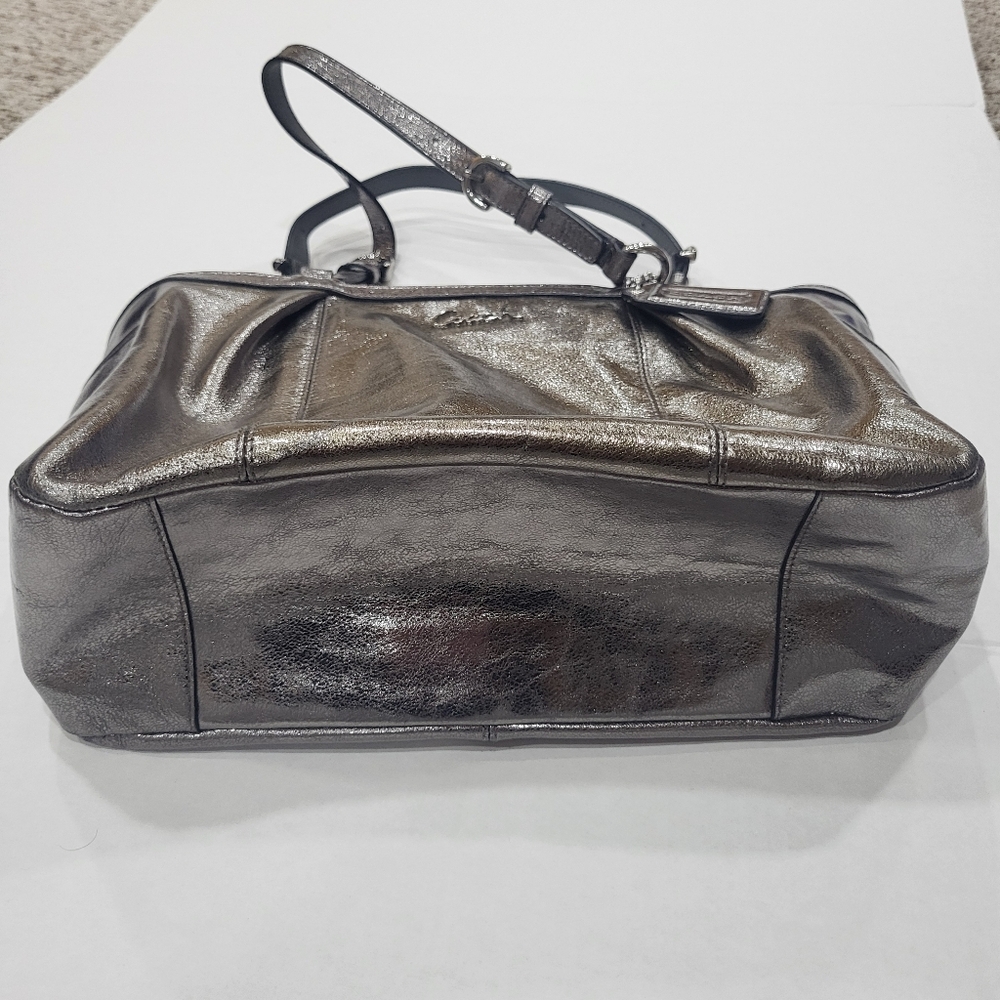 Coach Metallic Silver Gray Leather Handbag Zipper Tote Shoulder Bag - Picture 9 of 14